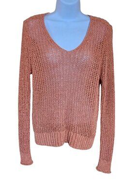 Open Knit V-Neck Sweater Copper Long Sleeve boho cottagecore nautical beach